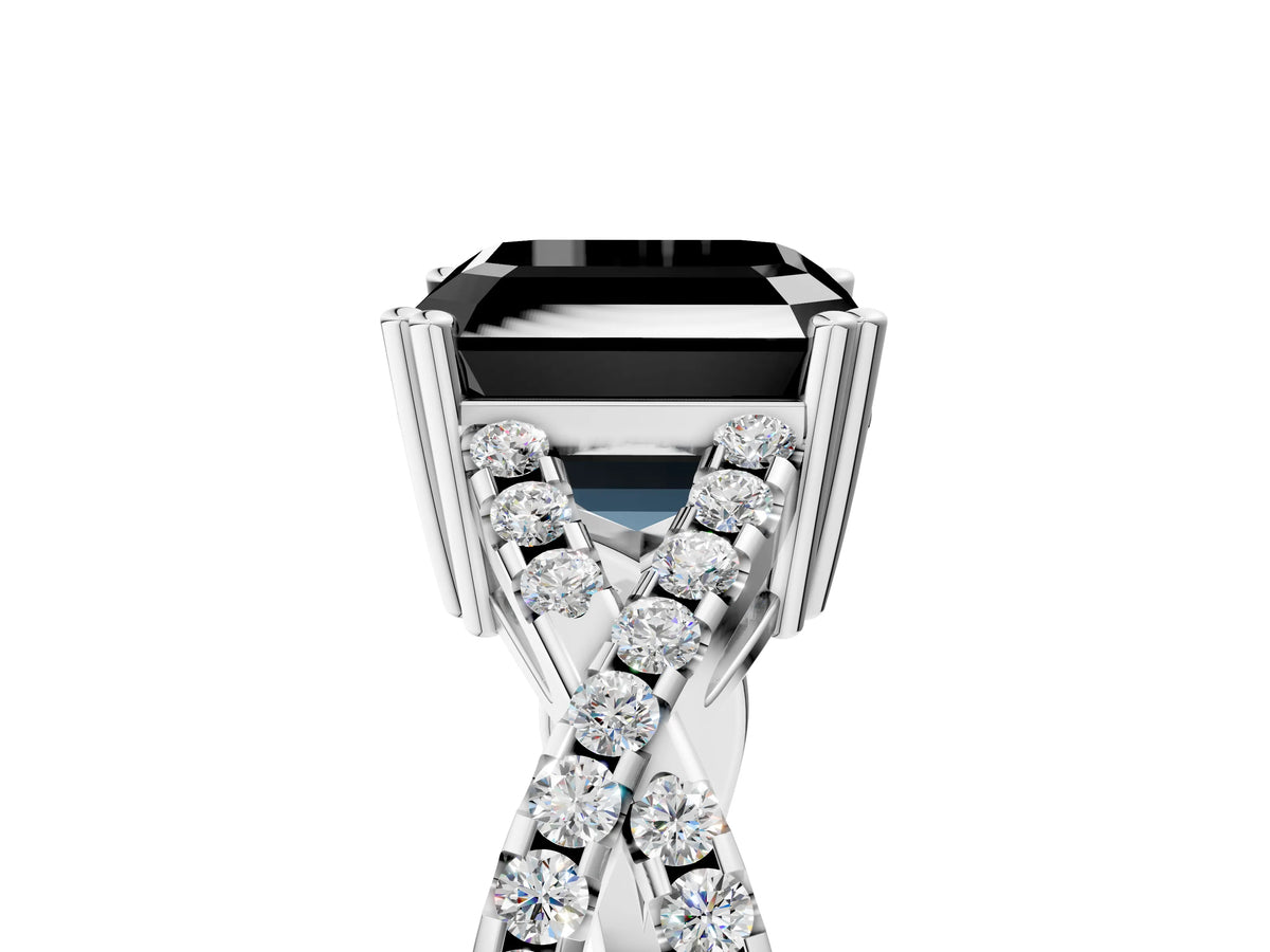 Fancy Black Asscher Cut Diamond Solitaire Ring in Silver with Interwoven Pavé Band and Prong Setting_11