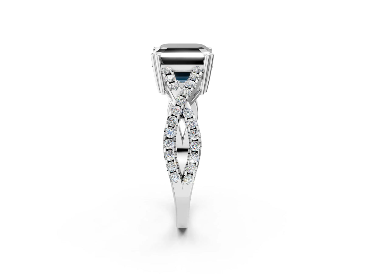 Fancy Black Asscher Cut Diamond Solitaire Ring in Silver with Interwoven Pavé Band and Prong Setting_8