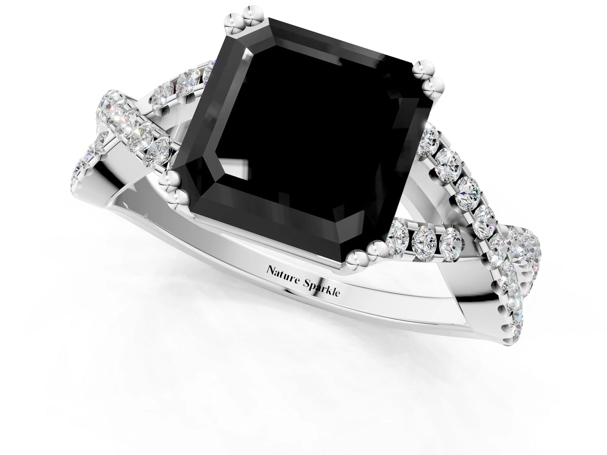 Fancy Black Asscher Cut Diamond Solitaire Ring in White gold with Interwoven Pavé Band and Prong Setting_1