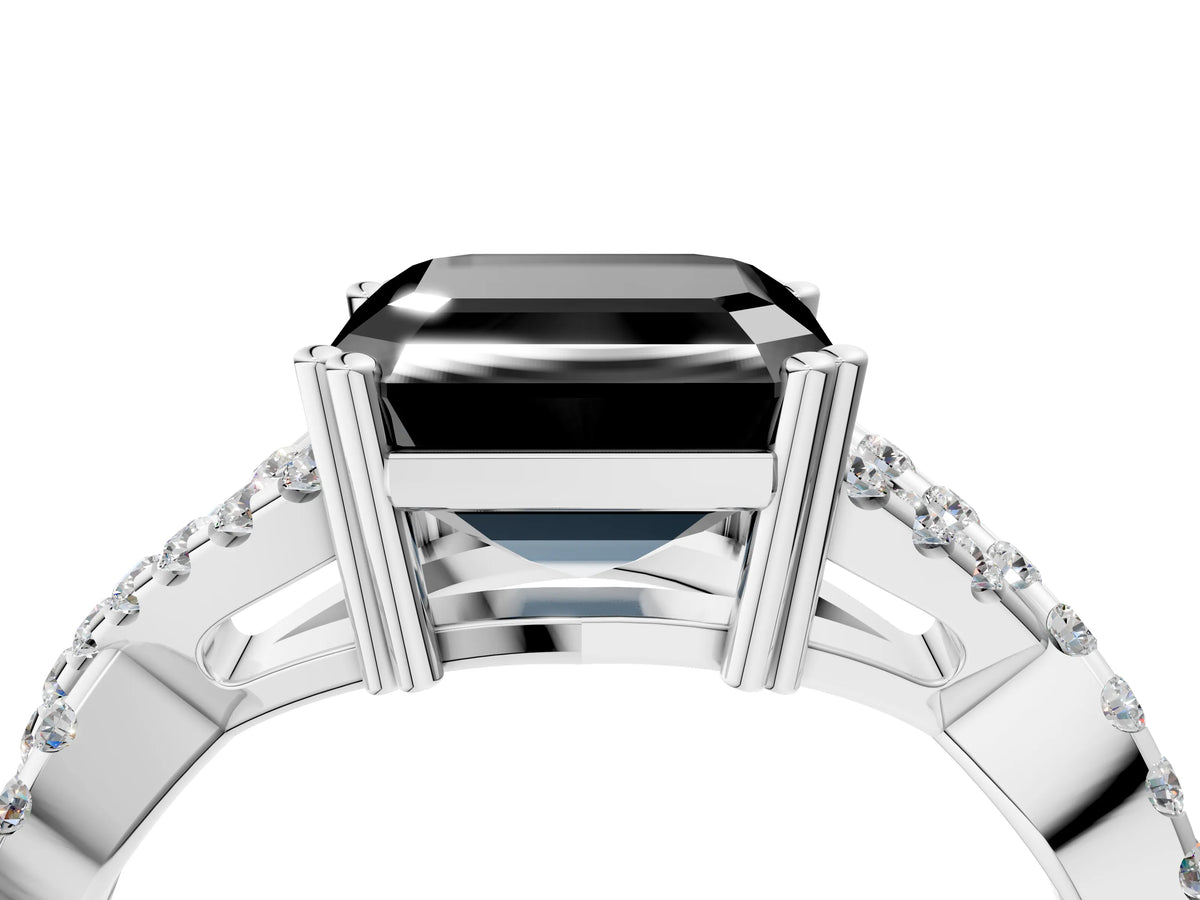 Fancy Black Asscher Cut Diamond Solitaire Ring in White gold with Interwoven Pavé Band and Prong Setting_4