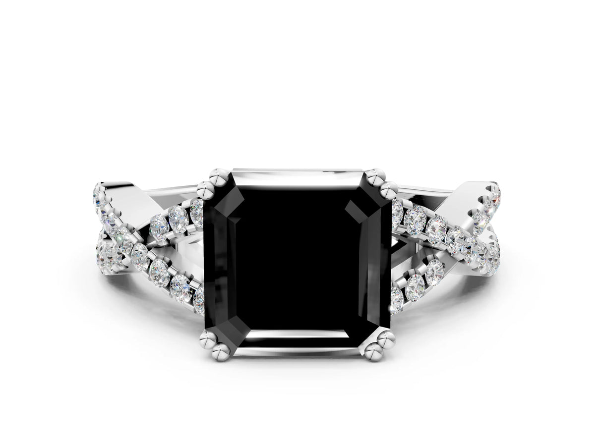 Fancy Black Asscher Cut Diamond Solitaire Ring in White gold with Interwoven Pavé Band and Prong Setting