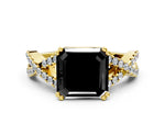 Fancy Black Asscher Cut Diamond Solitaire Ring in Yellow gold with Interwoven Pavé Band and Prong Setting