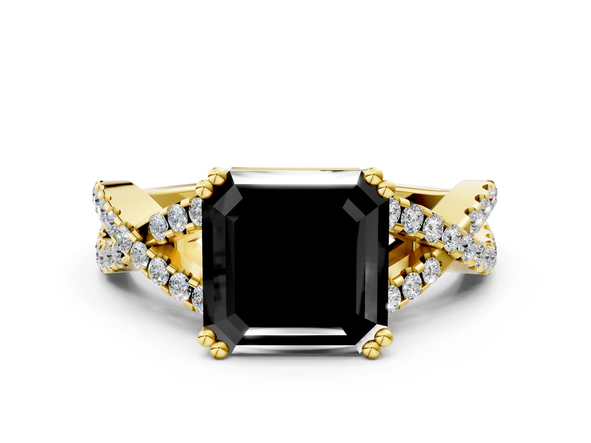 Fancy Black Asscher Cut Diamond Solitaire Ring in Yellow gold with Interwoven Pavé Band and Prong Setting