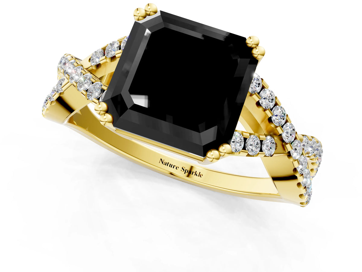 Fancy Black Asscher Cut Diamond Solitaire Ring in Yellow gold with Interwoven Pavé Band and Prong Setting_1