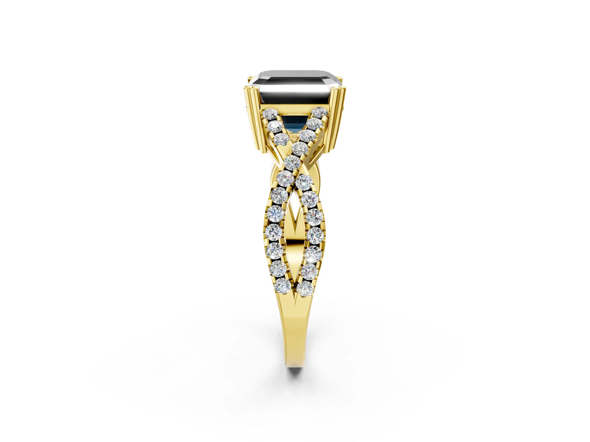 Fancy Black Asscher Cut Diamond Solitaire Ring in Yellow gold with Interwoven Pavé Band and Prong Setting_2