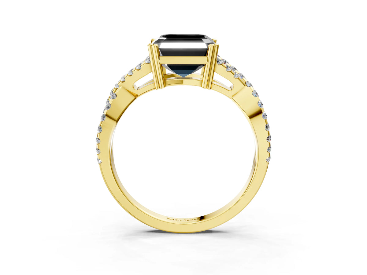 Fancy Black Asscher Cut Diamond Solitaire Ring in Yellow gold with Interwoven Pavé Band and Prong Setting_3