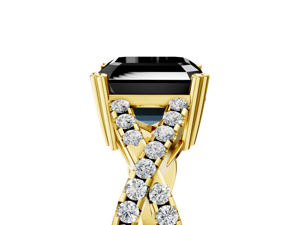 Fancy Black Asscher Cut Diamond Solitaire Ring in Yellow gold with Interwoven Pavé Band and Prong Setting_5