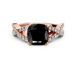 Fancy Black Cushion Cut Diamond Solitaire Ring in Rose gold with Interwoven Pavé Band and Prong Setting