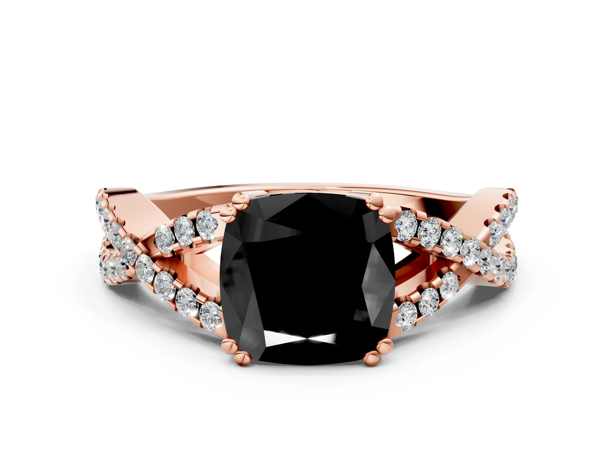 Fancy Black Cushion Cut Diamond Solitaire Ring in Rose gold with Interwoven Pavé Band and Prong Setting