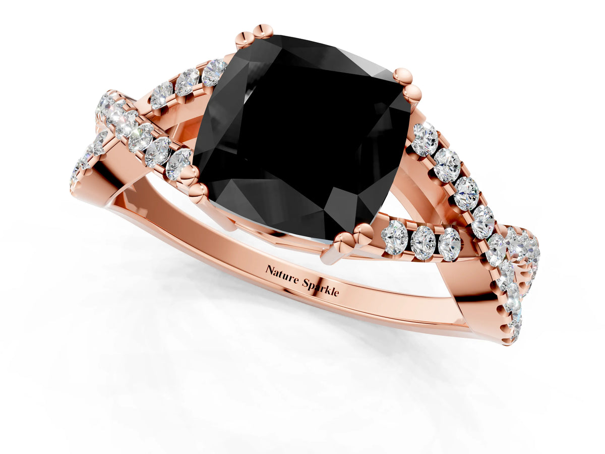 Fancy Black Cushion Cut Diamond Solitaire Ring in Rose gold with Interwoven Pavé Band and Prong Setting_1