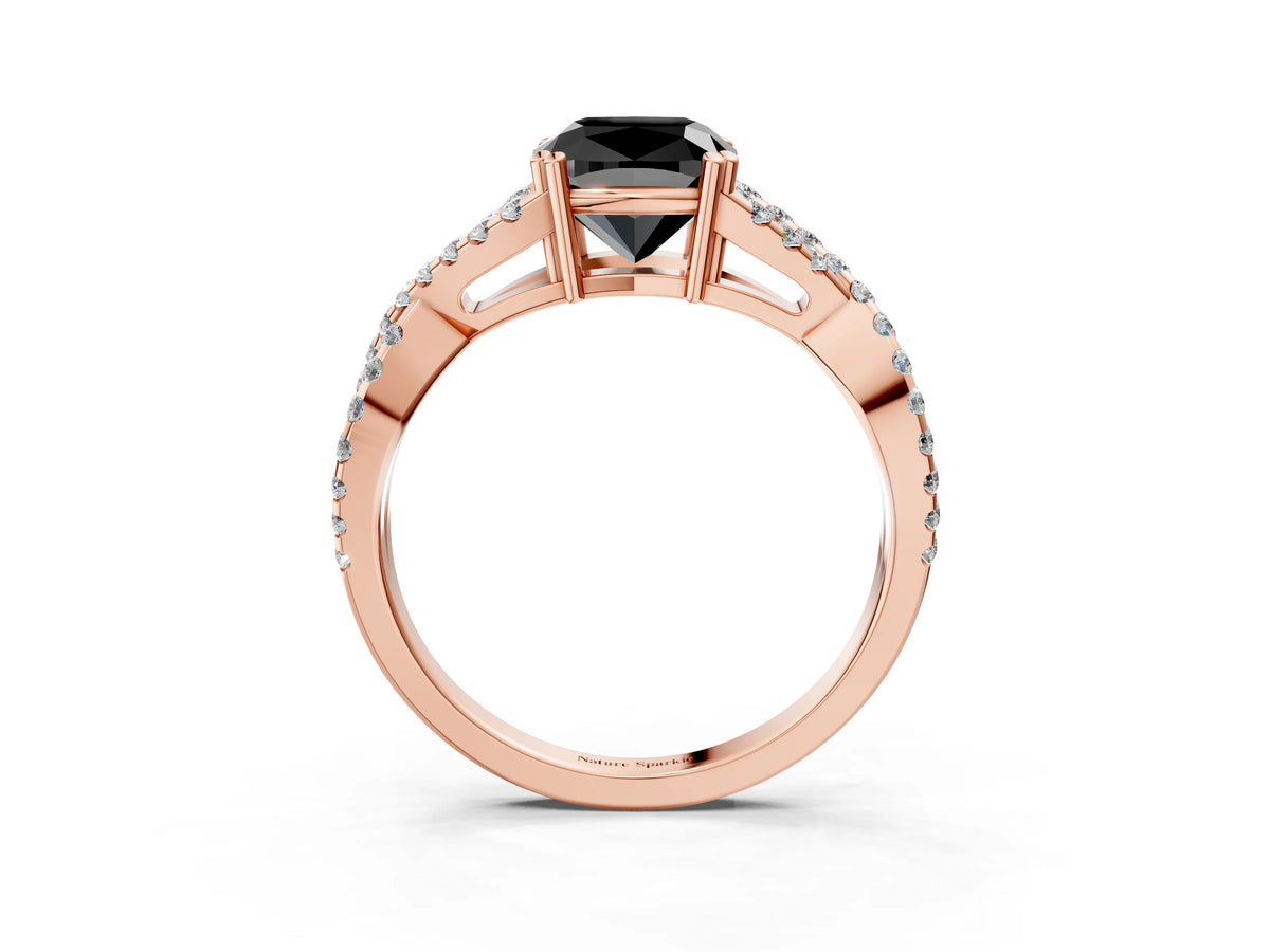 Fancy Black Cushion Cut Diamond Solitaire Ring in Rose gold with Interwoven Pavé Band and Prong Setting_3