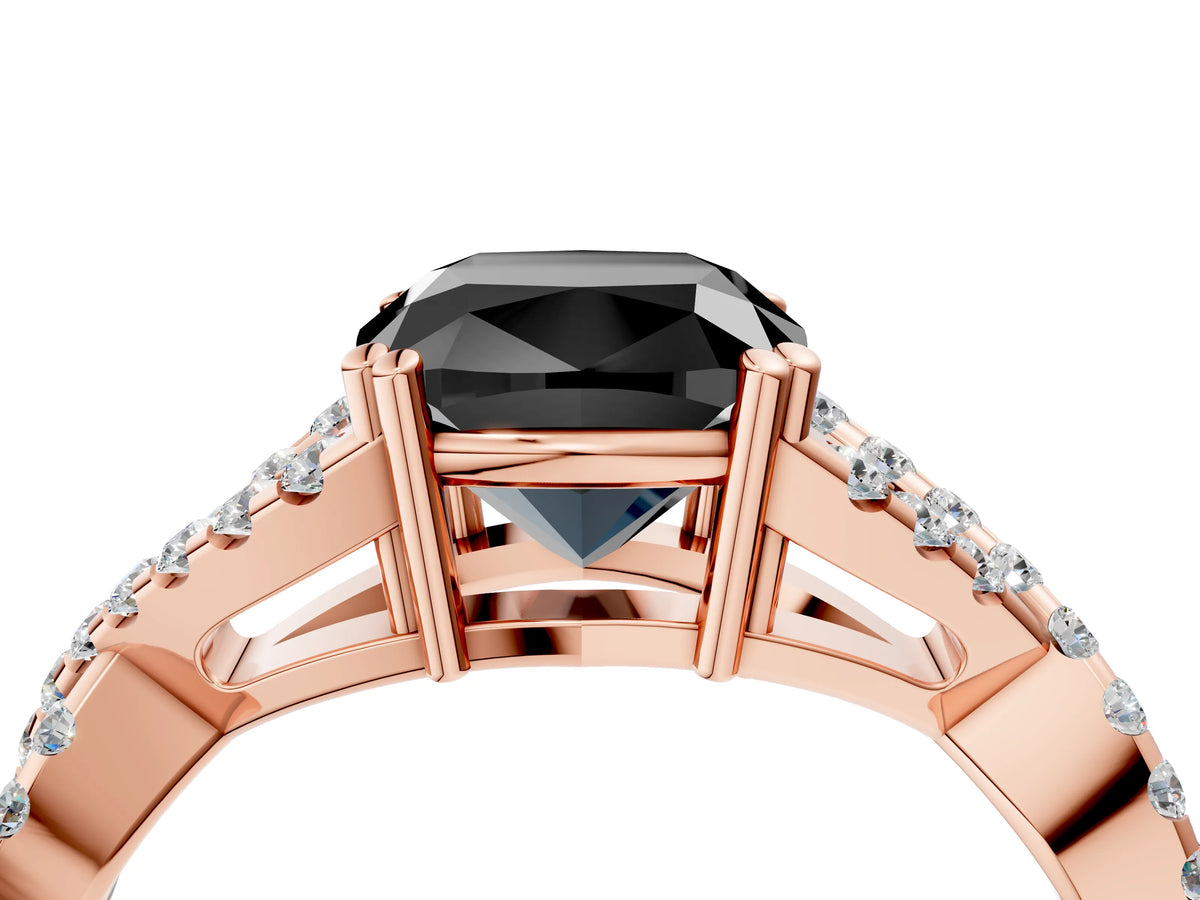 Fancy Black Cushion Cut Diamond Solitaire Ring in Rose gold with Interwoven Pavé Band and Prong Setting_4
