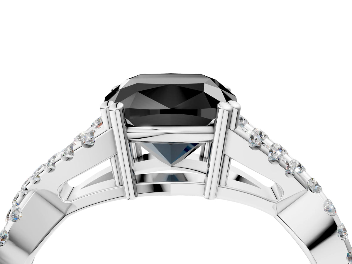 Fancy Black Cushion Cut Diamond Solitaire Ring in Silver with Interwoven Pavé Band and Prong Setting_10