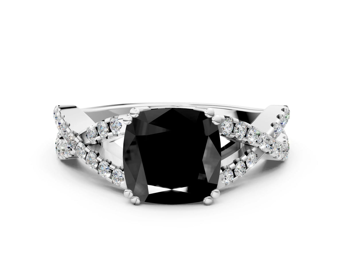 Fancy Black Cushion Cut Diamond Solitaire Ring in Silver with Interwoven Pavé Band and Prong Setting_6