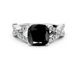 Fancy Black Cushion Cut Diamond Solitaire Ring in White gold with Interwoven Pavé Band and Prong Setting