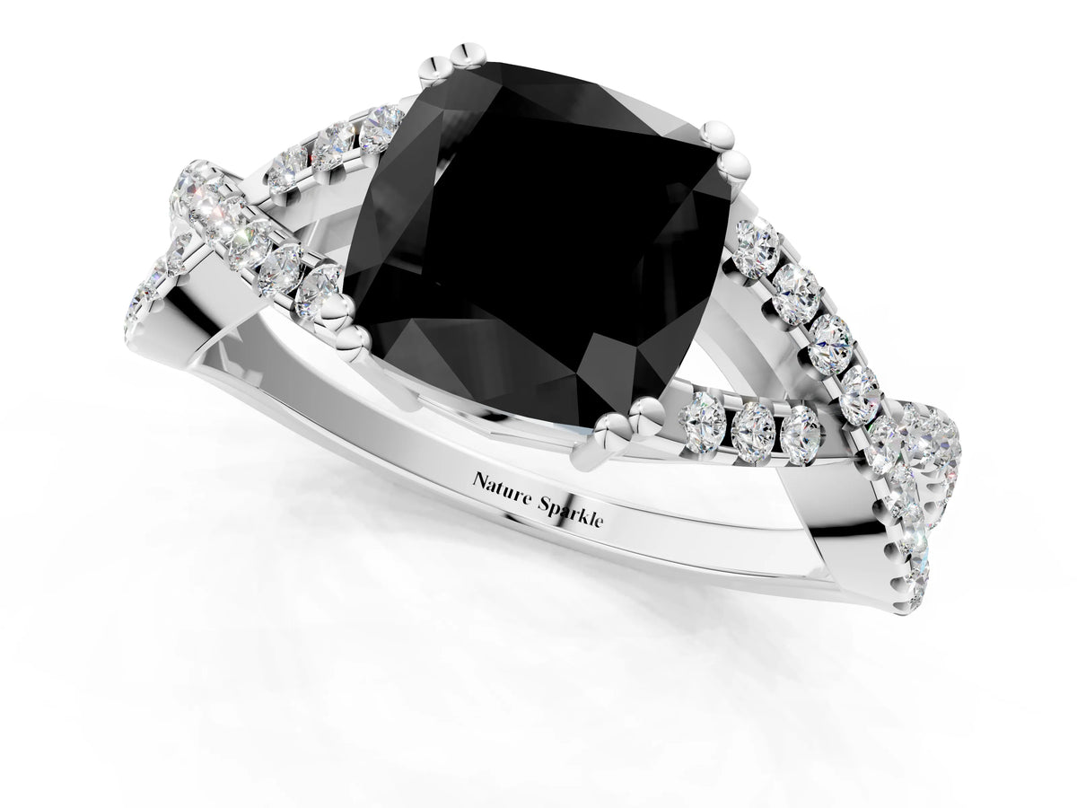 Fancy Black Cushion Cut Diamond Solitaire Ring in White gold with Interwoven Pavé Band and Prong Setting_1