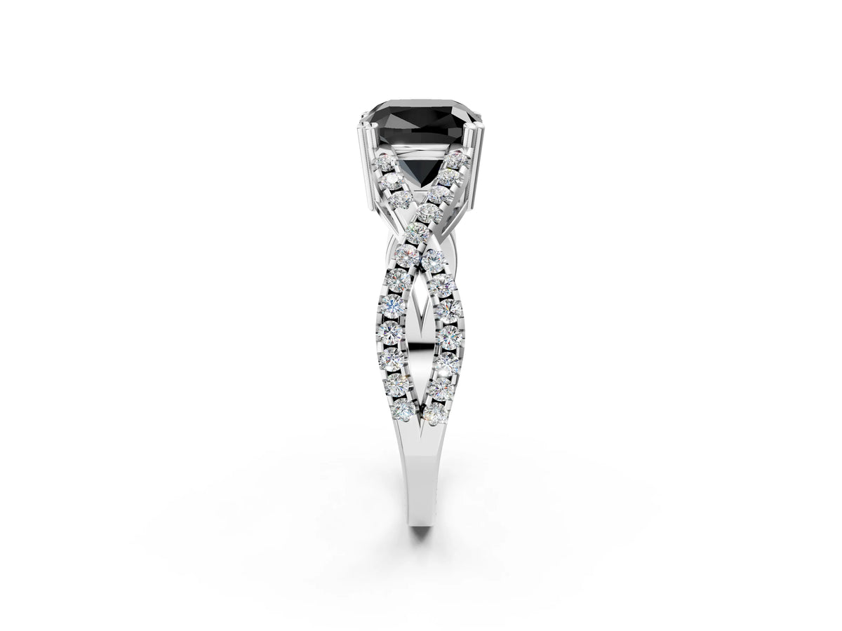 Fancy Black Cushion Cut Diamond Solitaire Ring in White gold with Interwoven Pavé Band and Prong Setting_2