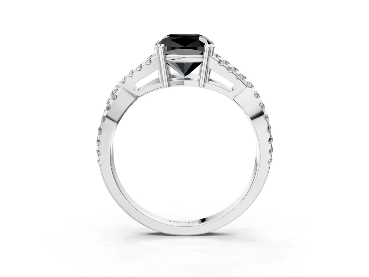 Fancy Black Cushion Cut Diamond Solitaire Ring in White gold with Interwoven Pavé Band and Prong Setting_3
