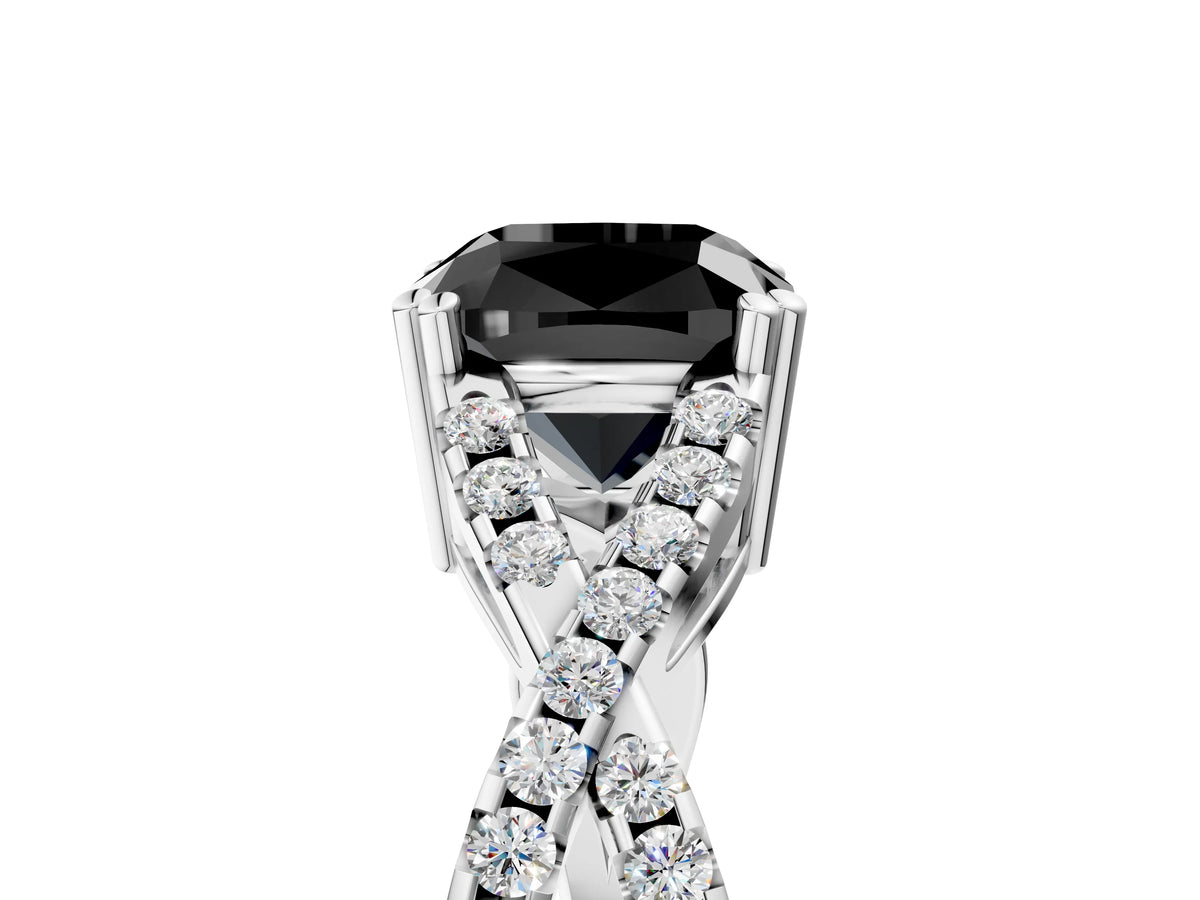 Fancy Black Cushion Cut Diamond Solitaire Ring in White gold with Interwoven Pavé Band and Prong Setting_5