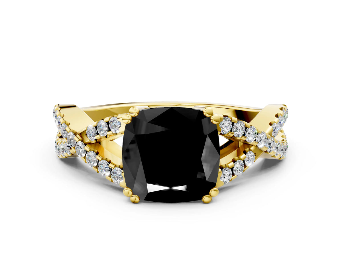 Fancy Black Cushion Cut Diamond Solitaire Ring in Yellow gold with Interwoven Pavé Band and Prong Setting