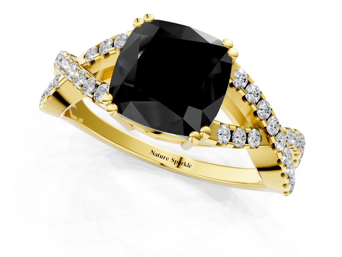 Fancy Black Cushion Cut Diamond Solitaire Ring in Yellow gold with Interwoven Pavé Band and Prong Setting_1