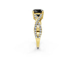Fancy Black Cushion Cut Diamond Solitaire Ring in Yellow gold with Interwoven Pavé Band and Prong Setting_2