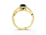 Fancy Black Cushion Cut Diamond Solitaire Ring in Yellow gold with Interwoven Pavé Band and Prong Setting_3