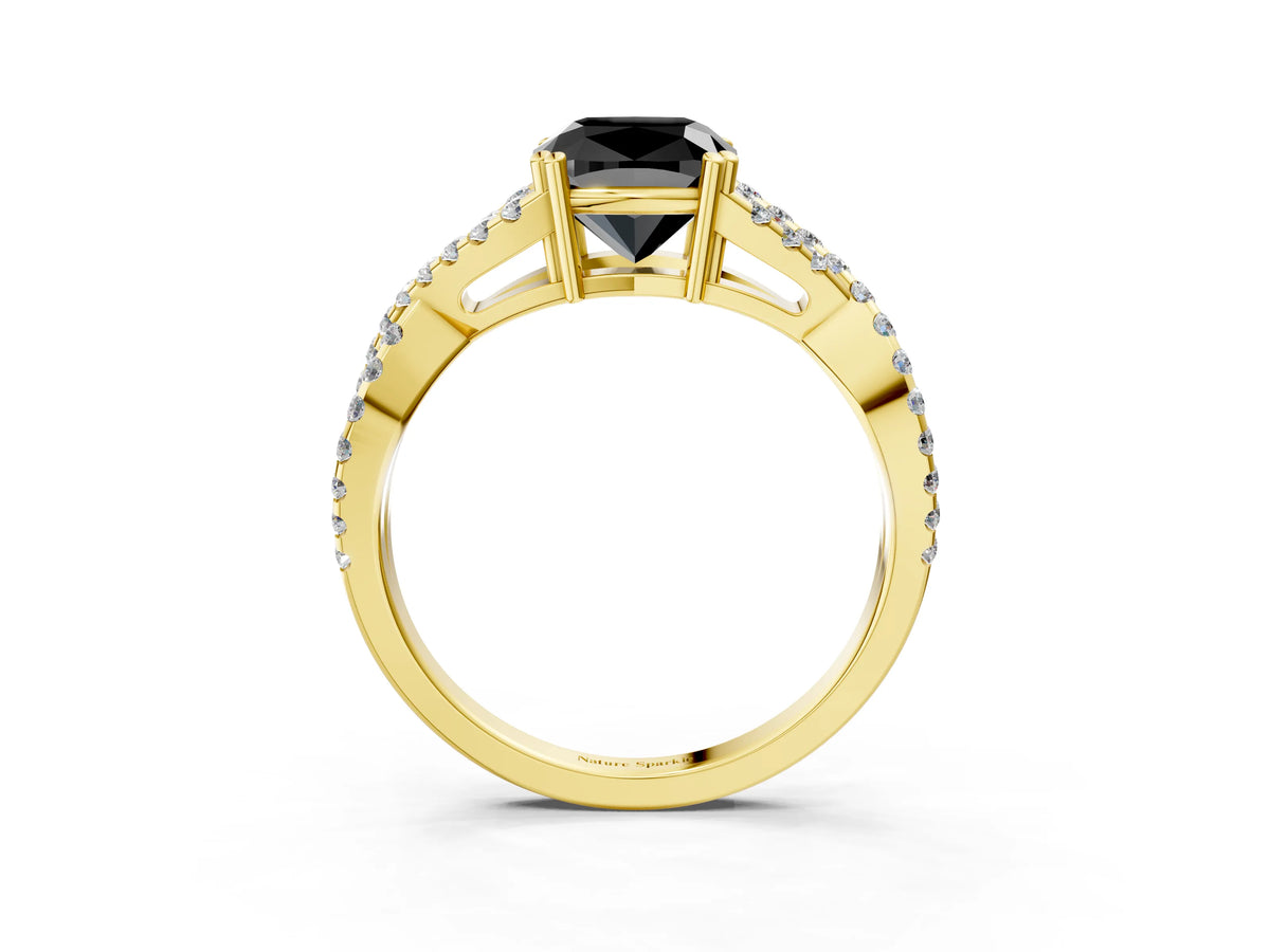 Fancy Black Cushion Cut Diamond Solitaire Ring in Yellow gold with Interwoven Pavé Band and Prong Setting_3