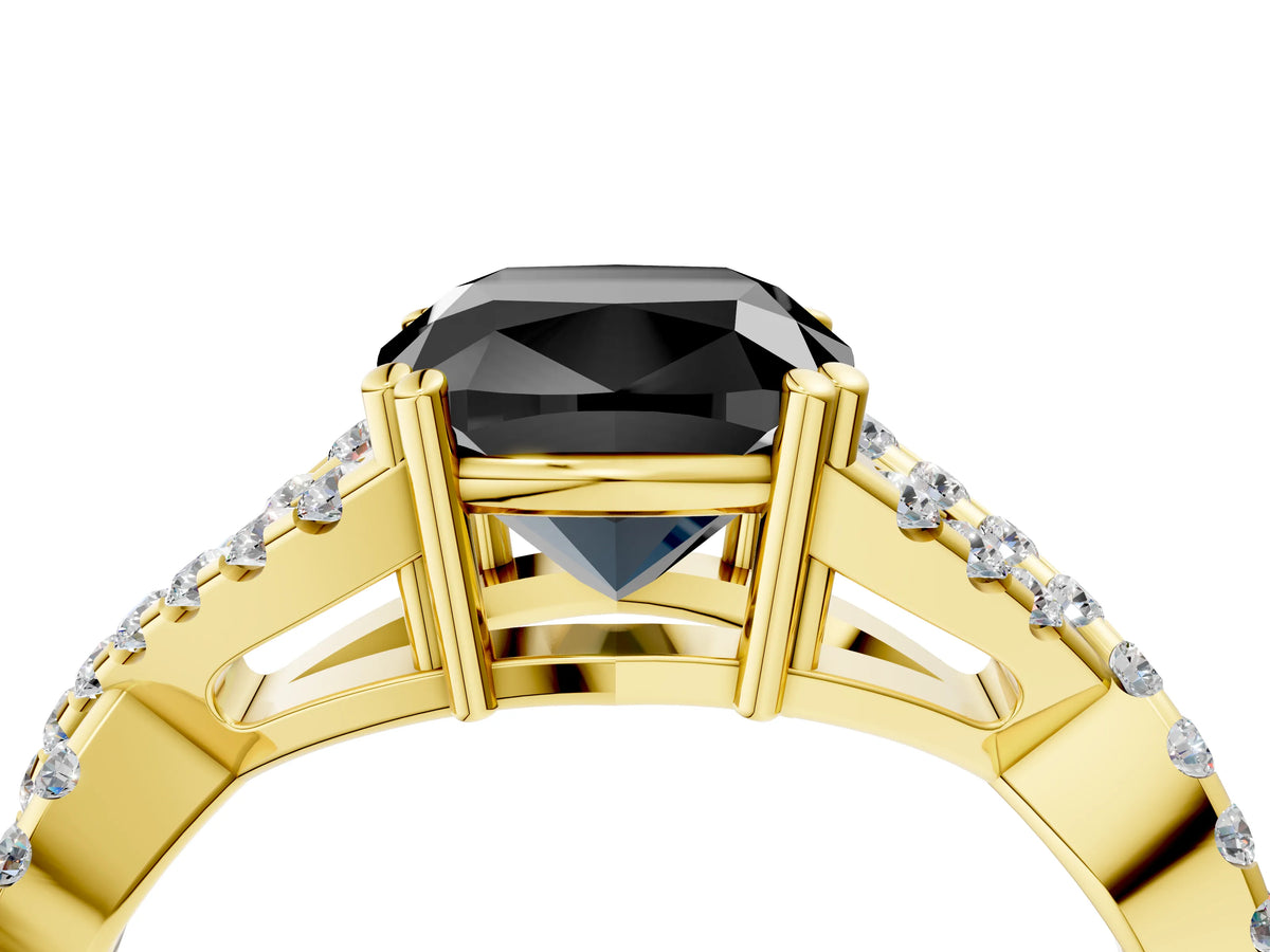 Fancy Black Cushion Cut Diamond Solitaire Ring in Yellow gold with Interwoven Pavé Band and Prong Setting_4