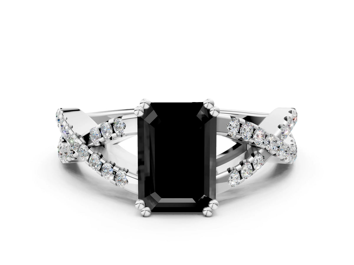 Fancy Black Emerald Cut Diamond Solitaire Ring in Platinum with Interwoven Pavé Band and Prong Setting_6