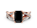 Fancy Black Emerald Cut Diamond Solitaire Ring in Rose gold with Interwoven Pavé Band and Prong Setting