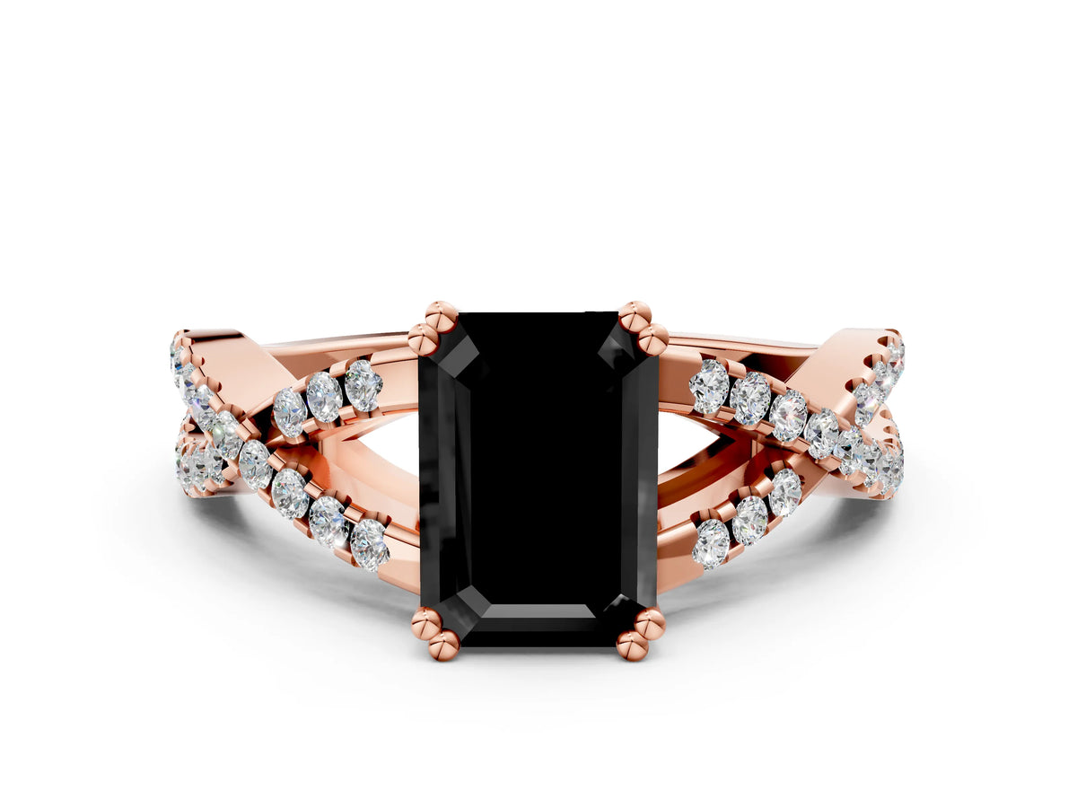 Fancy Black Emerald Cut Diamond Solitaire Ring in Rose gold with Interwoven Pavé Band and Prong Setting