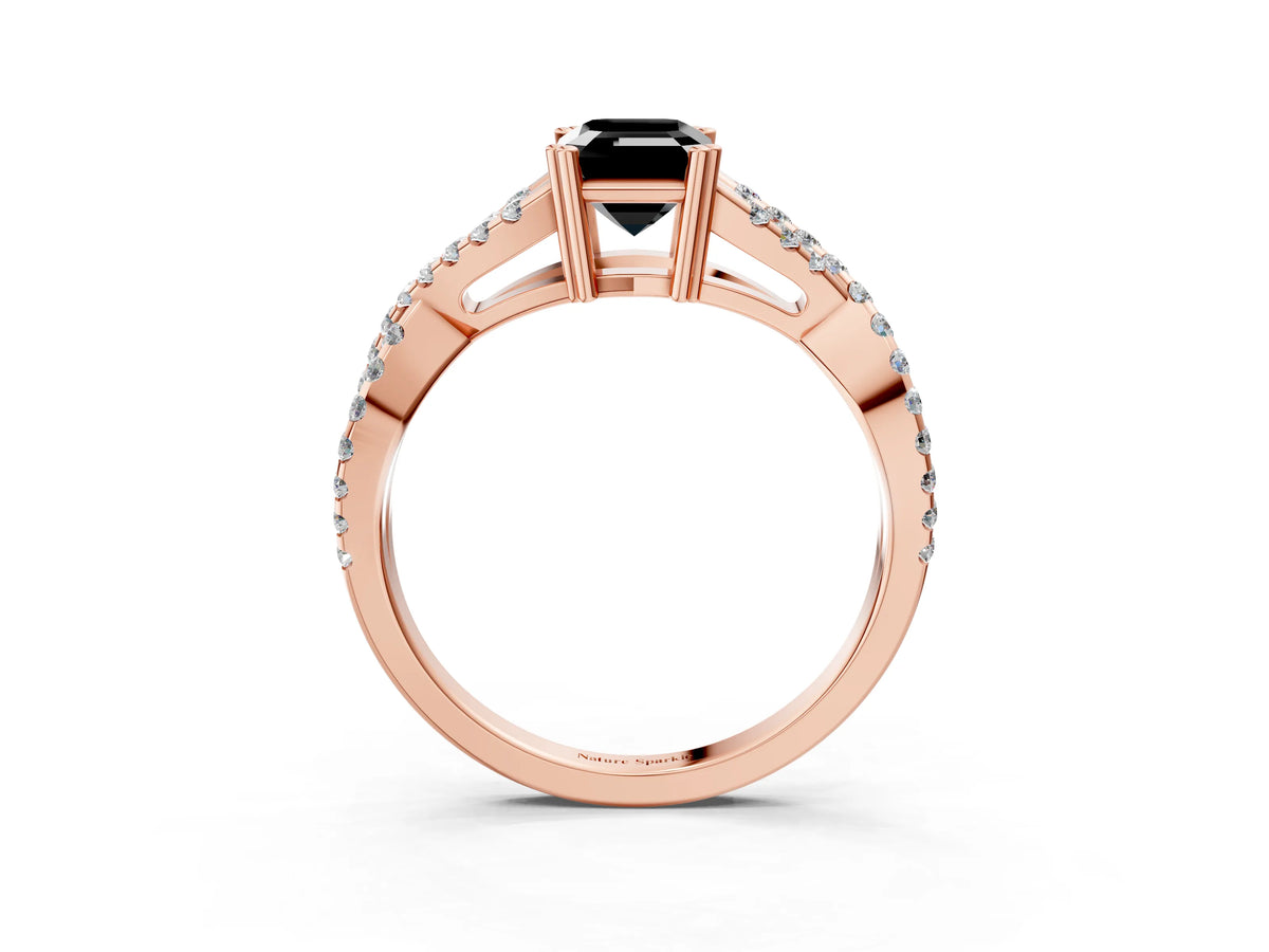 Fancy Black Emerald Cut Diamond Solitaire Ring in Rose gold with Interwoven Pavé Band and Prong Setting_3