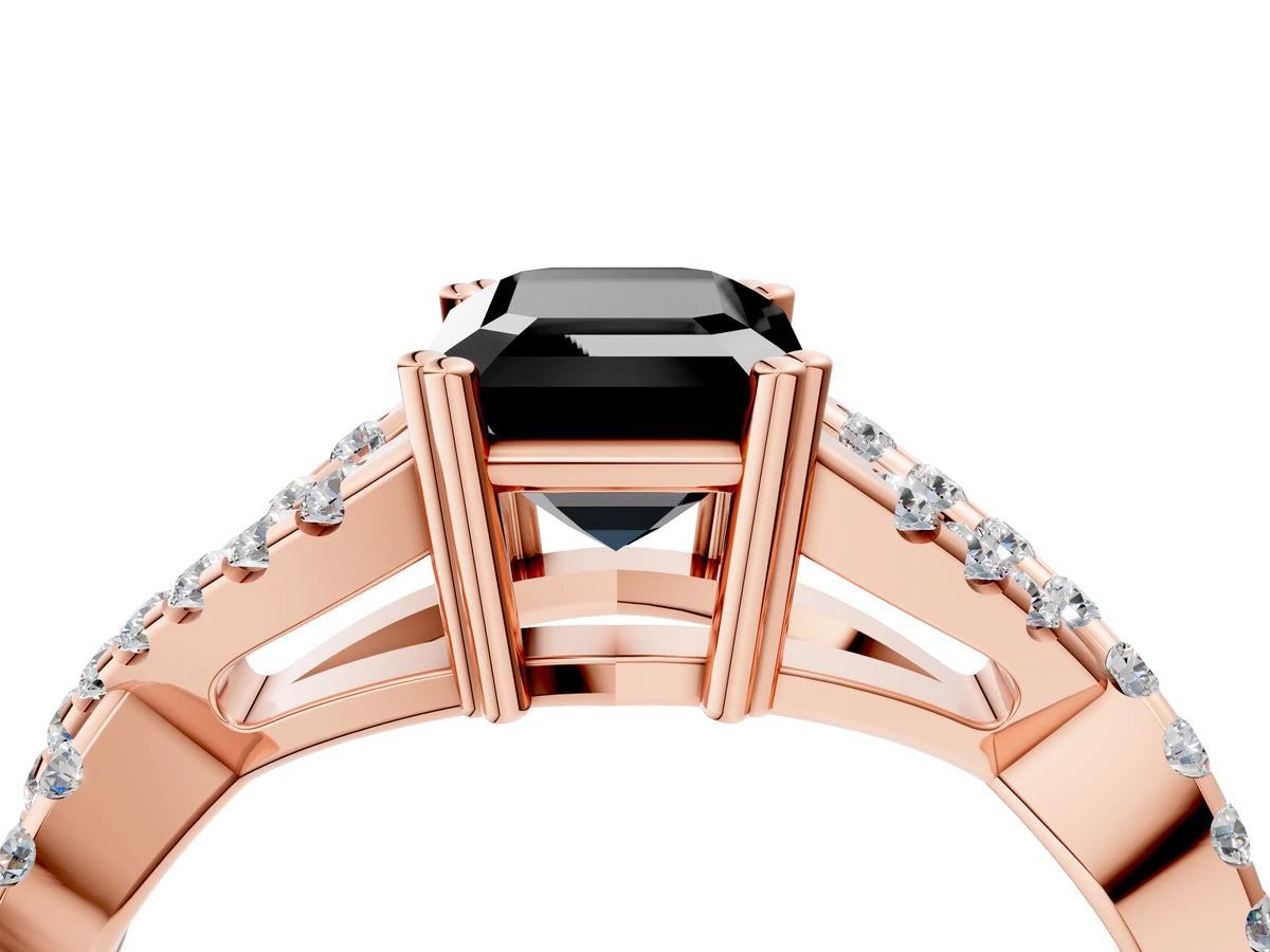 Fancy Black Emerald Cut Diamond Solitaire Ring in Rose gold with Interwoven Pavé Band and Prong Setting_4