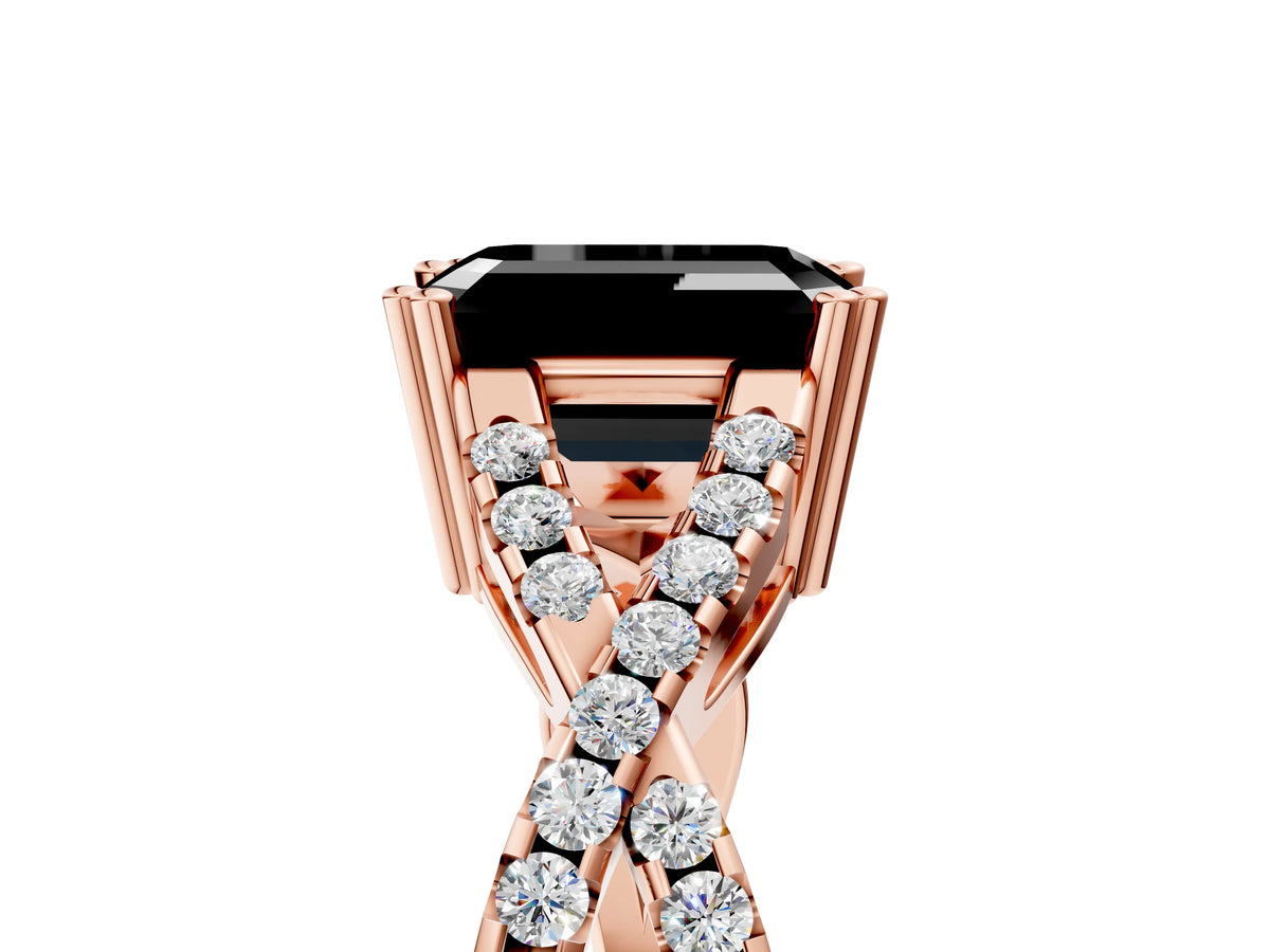 Fancy Black Emerald Cut Diamond Solitaire Ring in Rose gold with Interwoven Pavé Band and Prong Setting_5