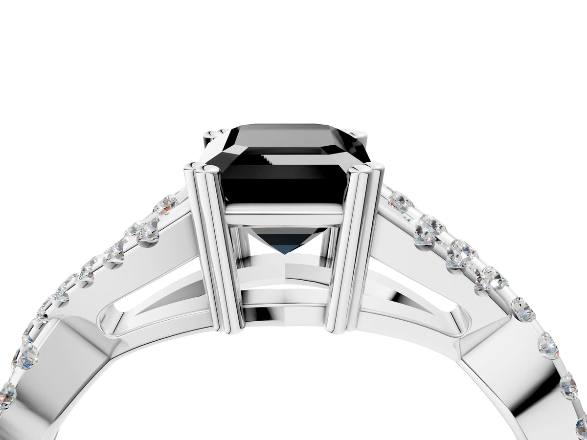 Fancy Black Emerald Cut Diamond Solitaire Ring in Silver with Interwoven Pavé Band and Prong Setting_10