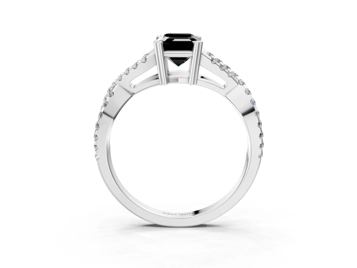 Fancy Black Emerald Cut Diamond Solitaire Ring in Silver with Interwoven Pavé Band and Prong Setting_9