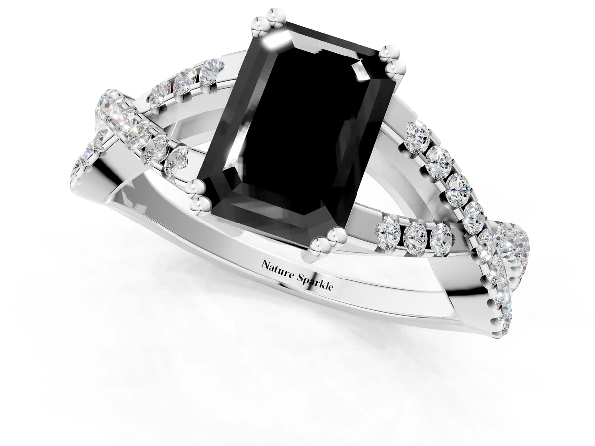 Fancy Black Emerald Cut Diamond Solitaire Ring in White gold with Interwoven Pavé Band and Prong Setting_1