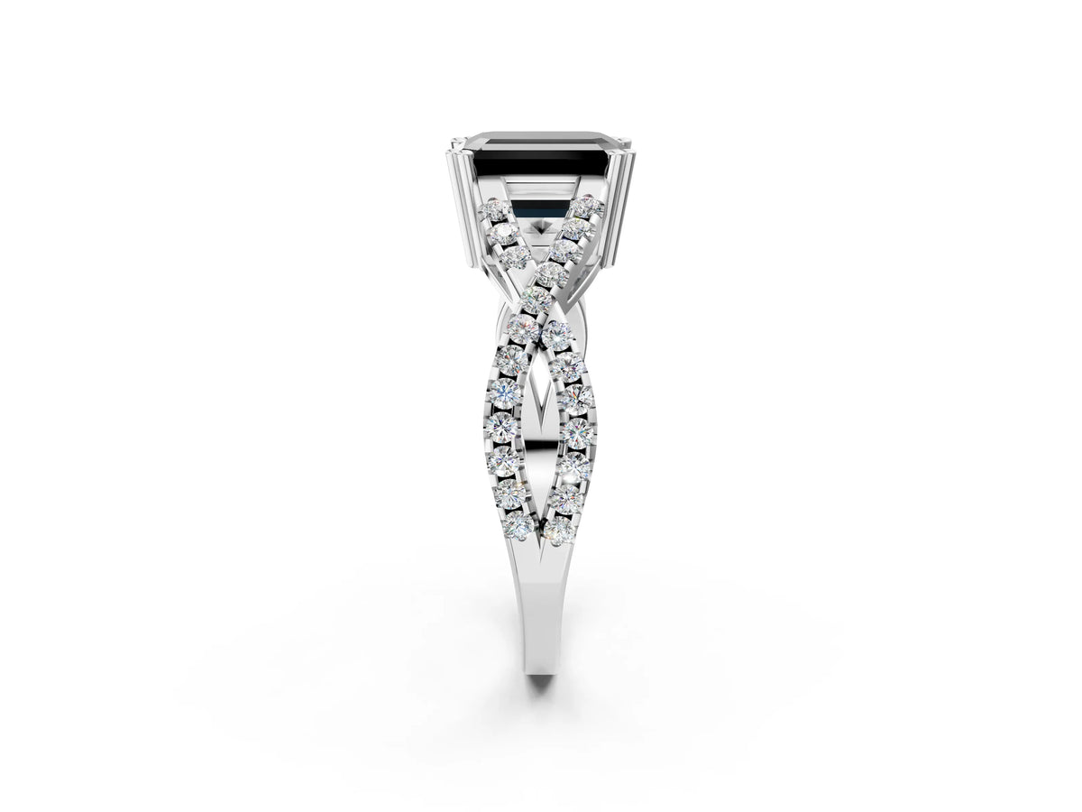 Fancy Black Emerald Cut Diamond Solitaire Ring in White gold with Interwoven Pavé Band and Prong Setting_2