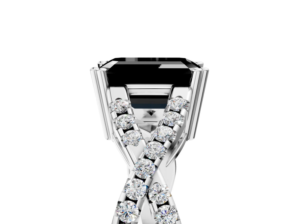 Fancy Black Emerald Cut Diamond Solitaire Ring in White gold with Interwoven Pavé Band and Prong Setting_5