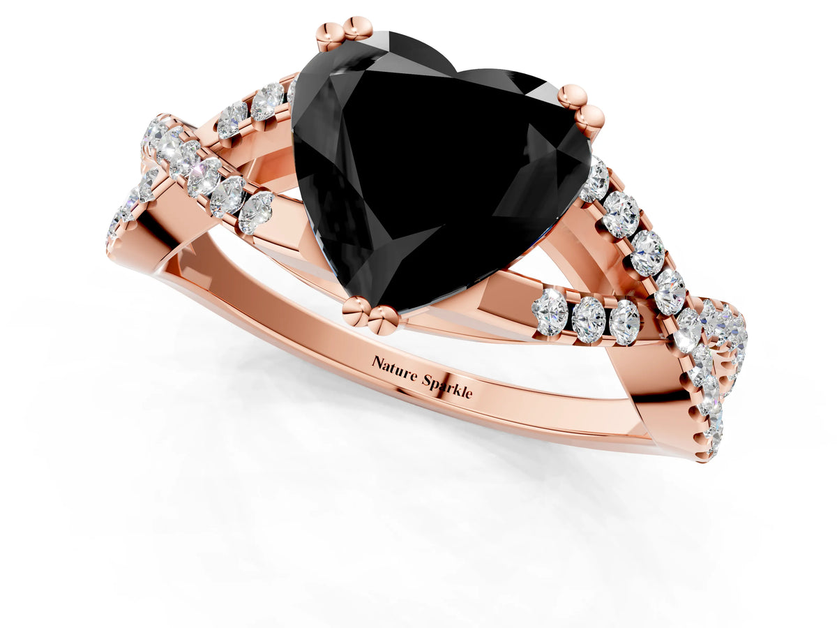Fancy Black Heart Cut Diamond Solitaire Ring in Rose gold with Interwoven Pavé Band and Prong Setting_1