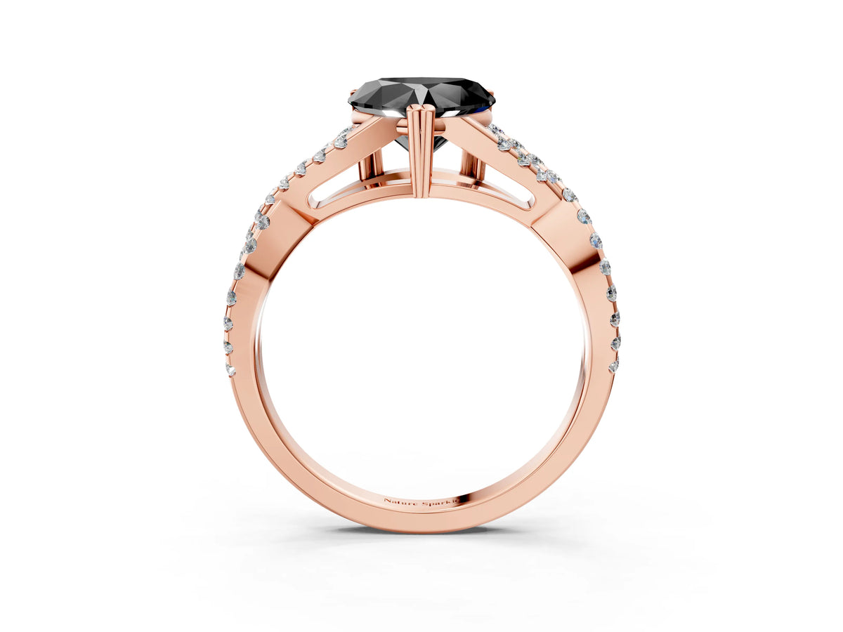 Fancy Black Heart Cut Diamond Solitaire Ring in Rose gold with Interwoven Pavé Band and Prong Setting_3