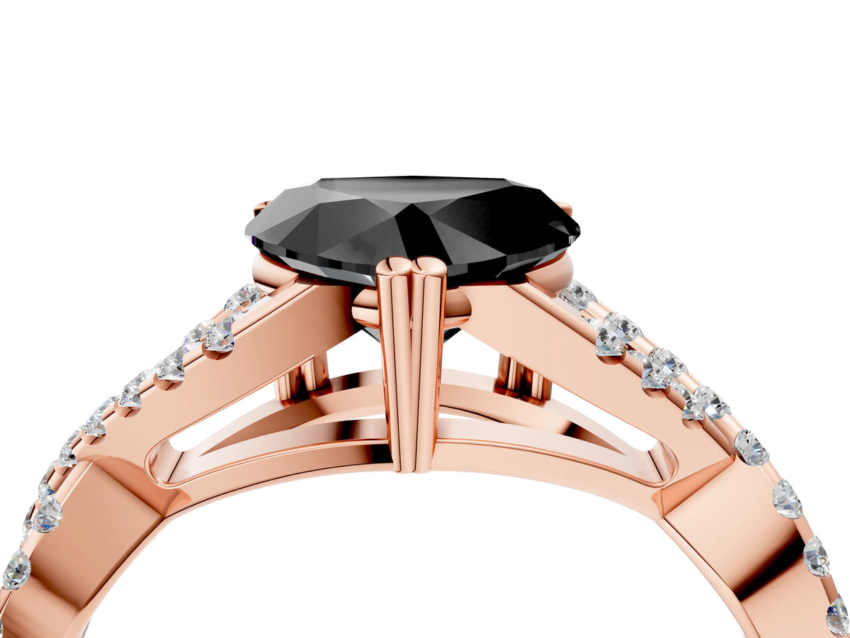 Fancy Black Heart Cut Diamond Solitaire Ring in Rose gold with Interwoven Pavé Band and Prong Setting_4