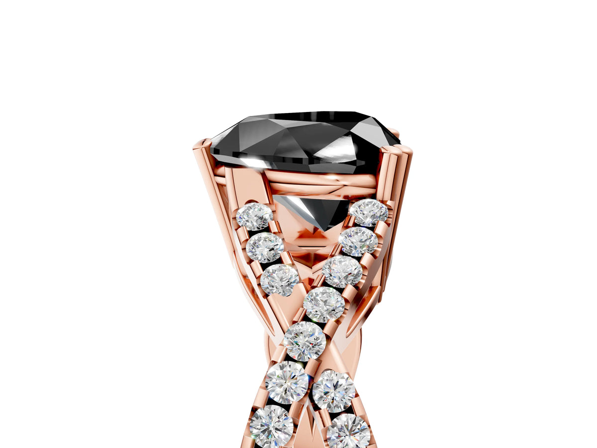 Fancy Black Heart Cut Diamond Solitaire Ring in Rose gold with Interwoven Pavé Band and Prong Setting_5