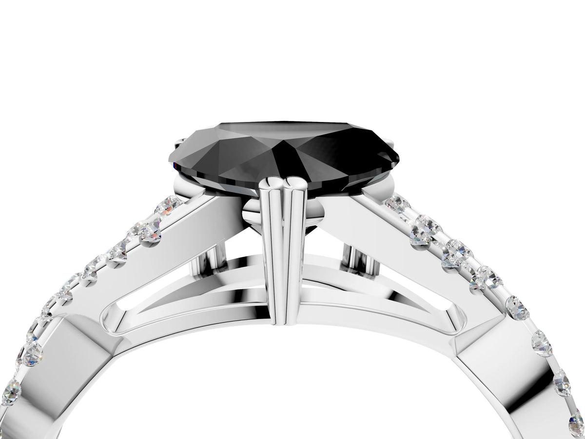 Fancy Black Heart Cut Diamond Solitaire Ring in Silver with Interwoven Pavé Band and Prong Setting_10