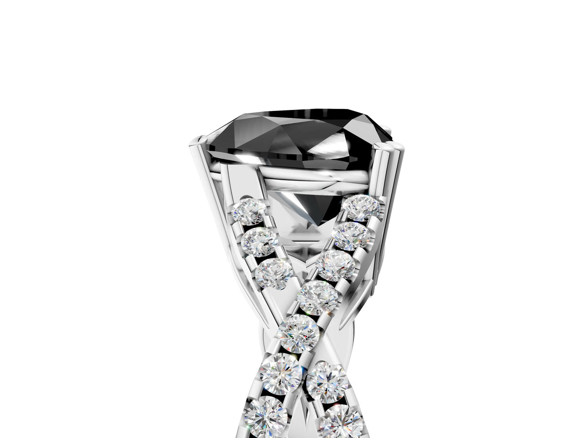 Fancy Black Heart Cut Diamond Solitaire Ring in Silver with Interwoven Pavé Band and Prong Setting_11