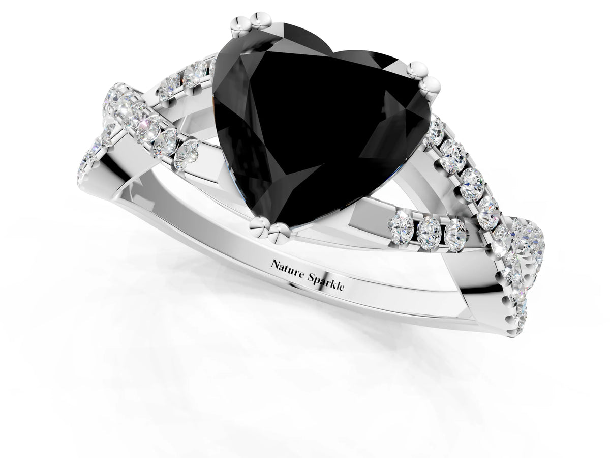 Fancy Black Heart Cut Diamond Solitaire Ring in Silver with Interwoven Pavé Band and Prong Setting_7