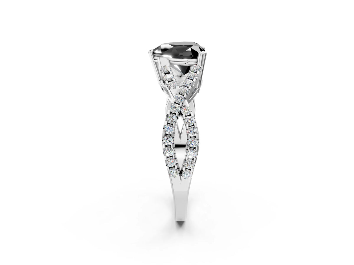 Fancy Black Heart Cut Diamond Solitaire Ring in Silver with Interwoven Pavé Band and Prong Setting_8