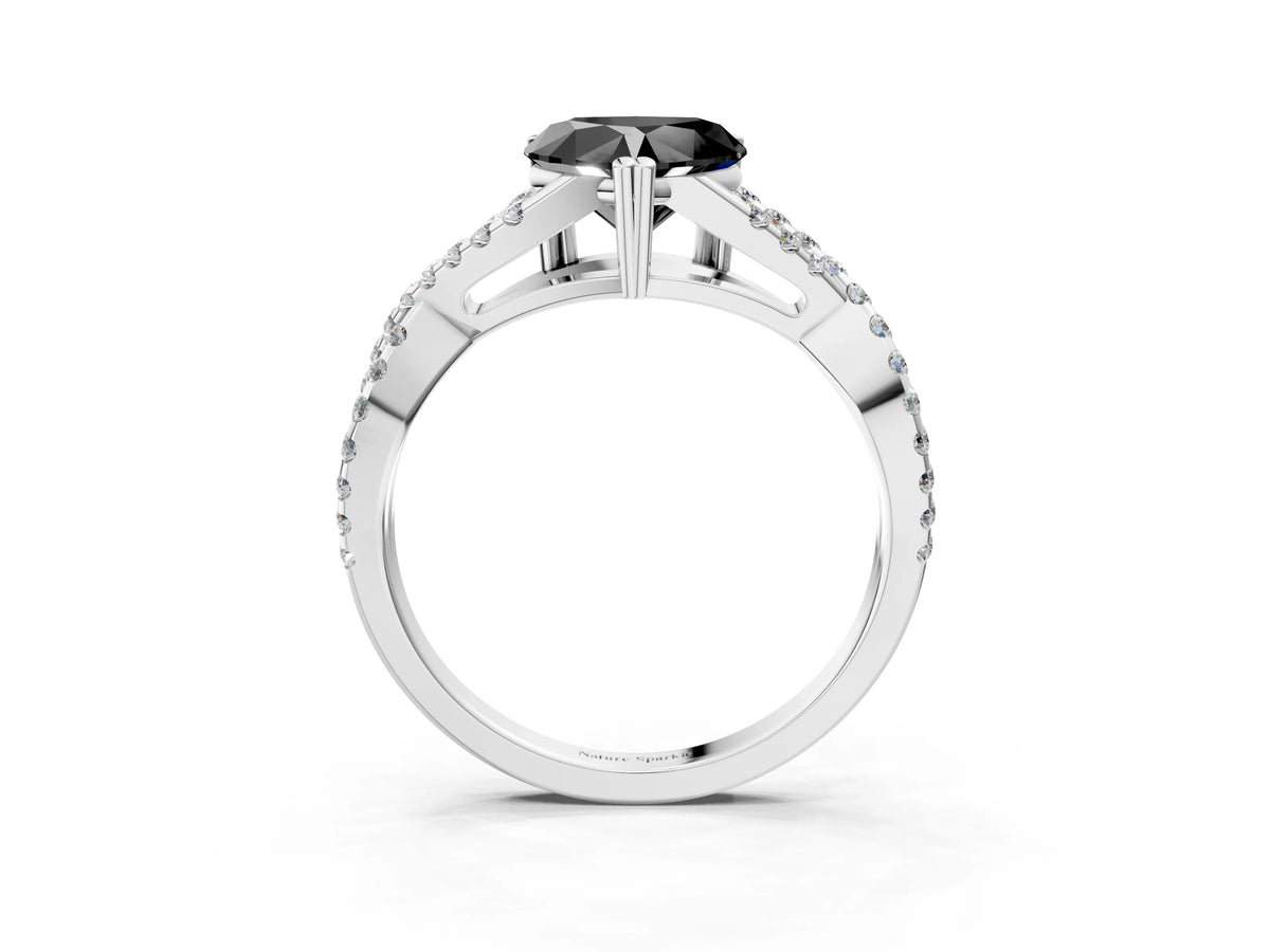 Fancy Black Heart Cut Diamond Solitaire Ring in Silver with Interwoven Pavé Band and Prong Setting_9