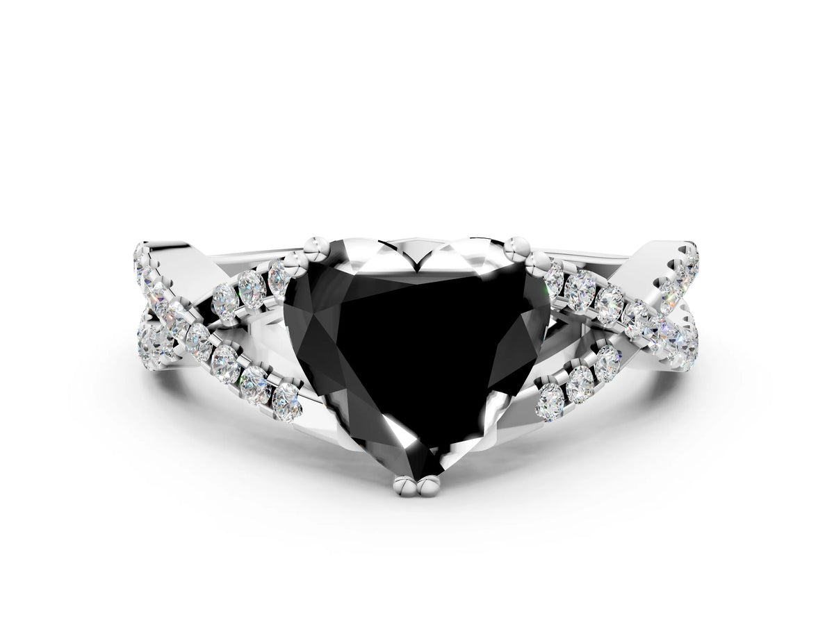 Fancy Black Heart Cut Diamond Solitaire Ring in White gold with Interwoven Pavé Band and Prong Setting